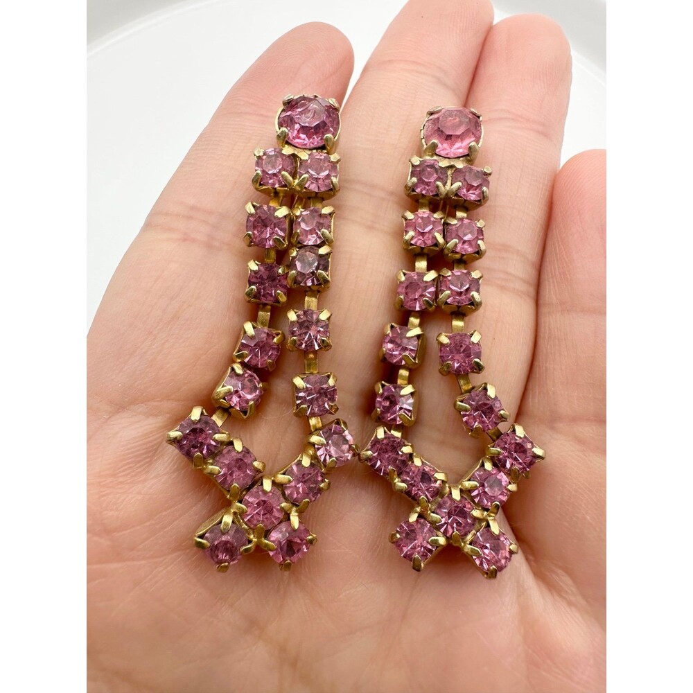 Vintage gold tone pink rhinestone screw back Earrings
